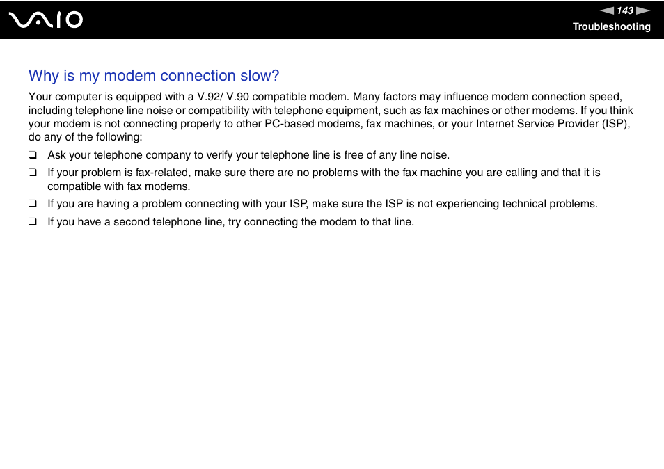 Why is my modem connection slow | Sony VAIO VGN-FZ Series User Manual | Page 143 / 191
