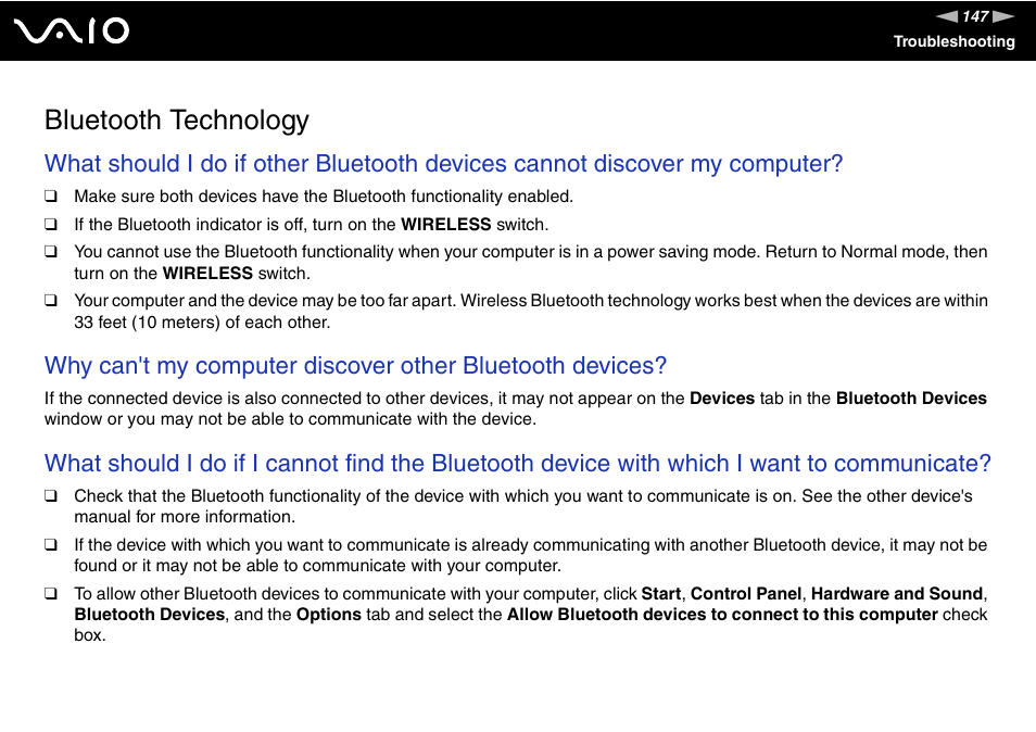 Bluetooth technology | Sony VAIO VGN-FZ Series User Manual | Page 147 / 191
