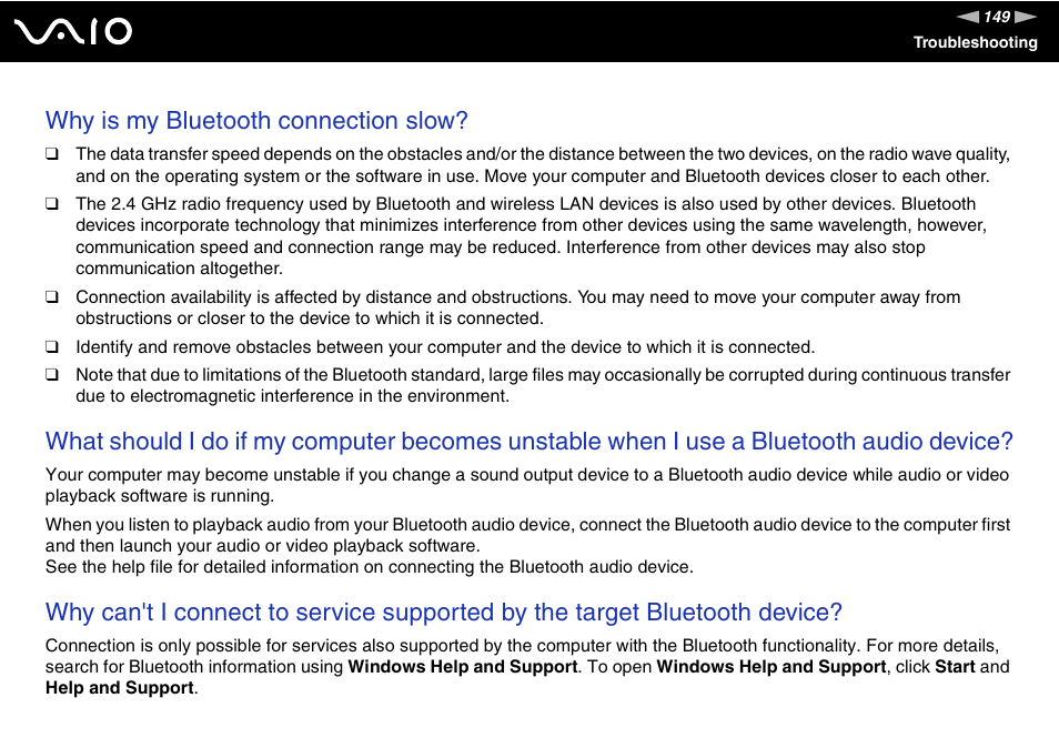 Why is my bluetooth connection slow | Sony VAIO VGN-FZ Series User Manual | Page 149 / 191