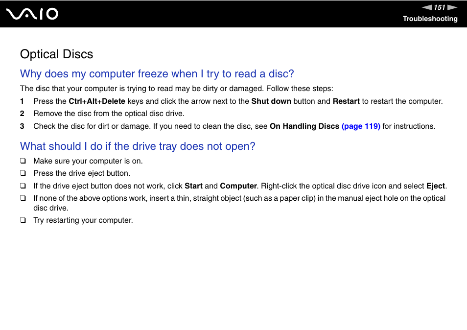Optical discs, What should i do if the drive tray does not open | Sony VAIO VGN-FZ Series User Manual | Page 151 / 191