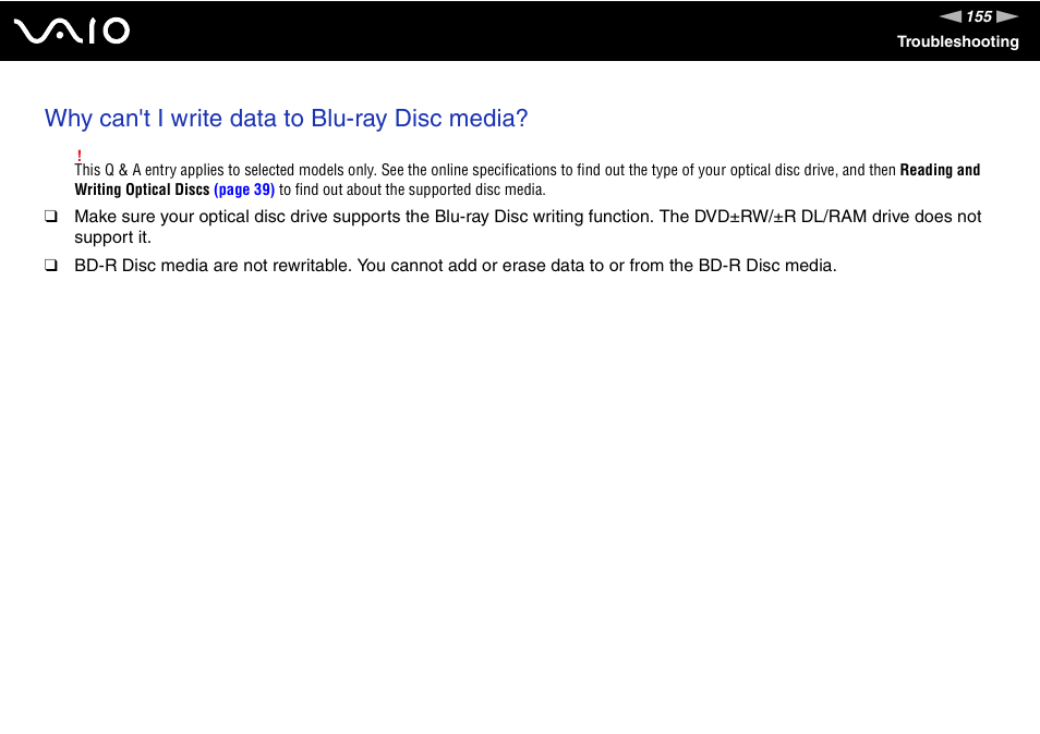 Why can't i write data to blu-ray disc media | Sony VAIO VGN-FZ Series User Manual | Page 155 / 191