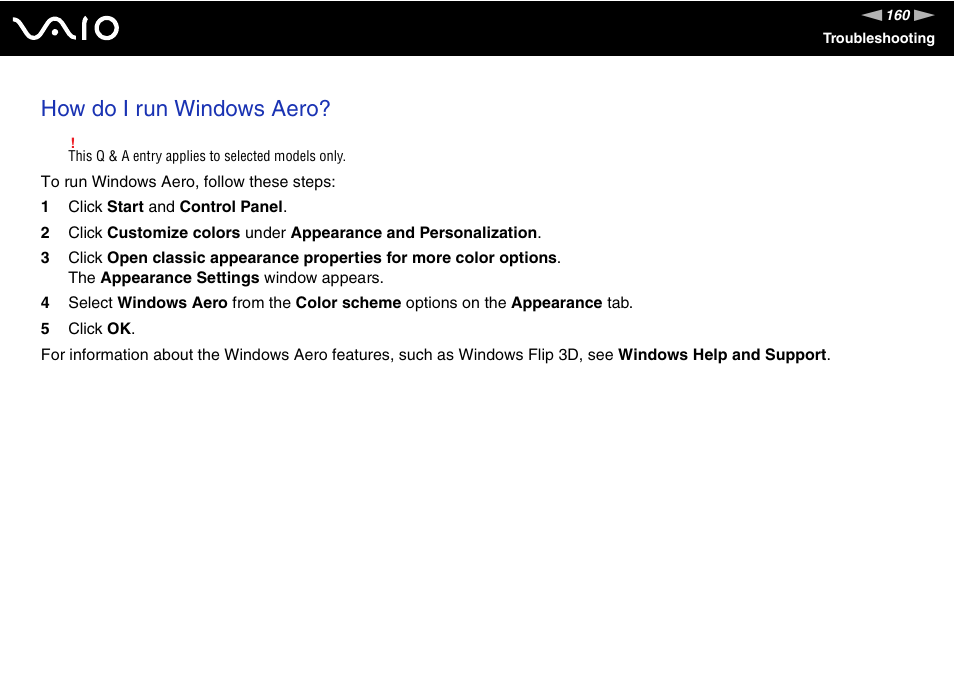 How do i run windows aero | Sony VAIO VGN-FZ Series User Manual | Page 160 / 191