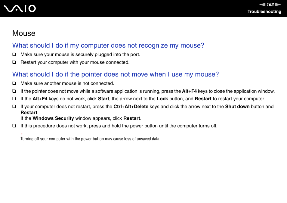 Mouse | Sony VAIO VGN-FZ Series User Manual | Page 163 / 191