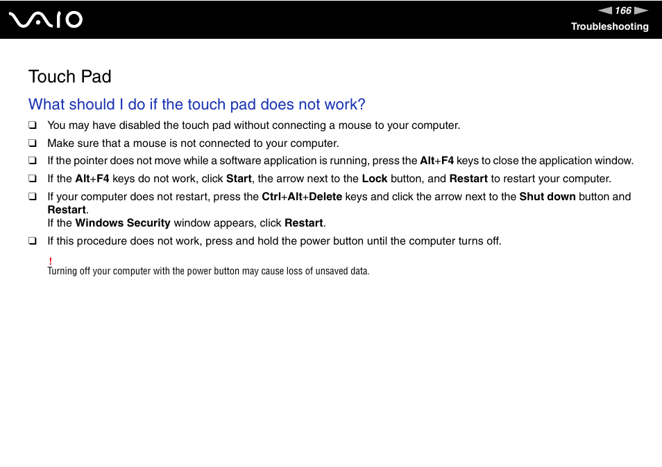 Touch pad, What should i do if the touch pad does not work | Sony VAIO VGN-FZ Series User Manual | Page 166 / 191