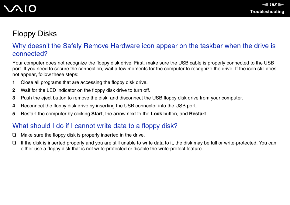 Floppy disks | Sony VAIO VGN-FZ Series User Manual | Page 168 / 191
