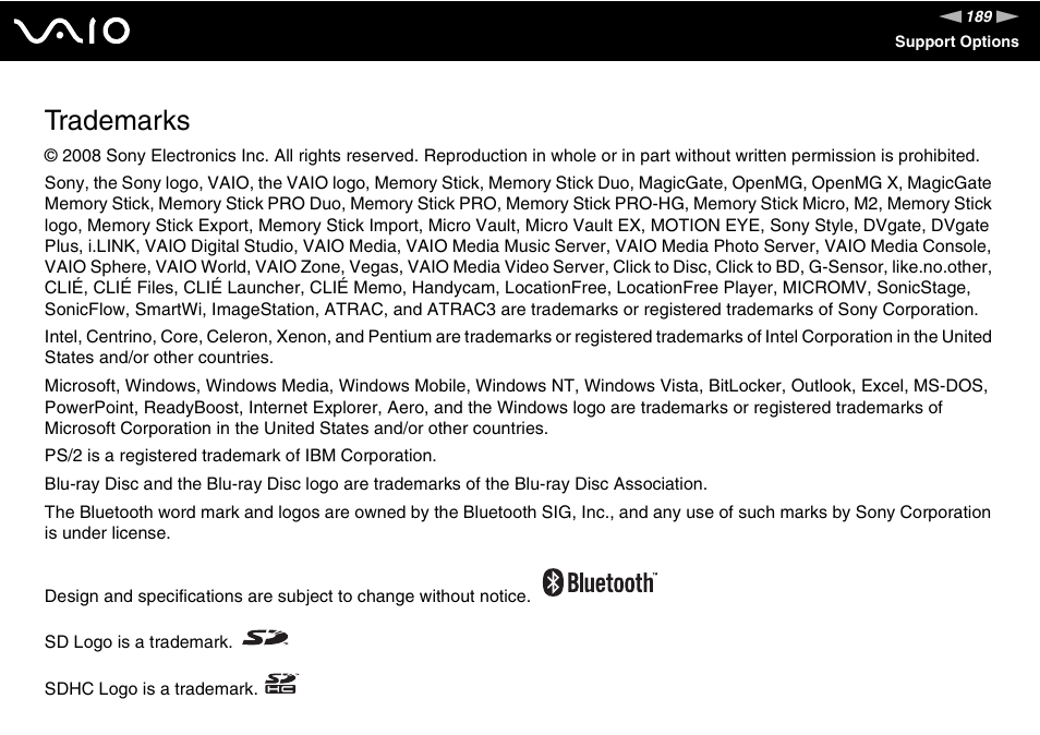 Trademarks | Sony VAIO VGN-FZ Series User Manual | Page 189 / 191