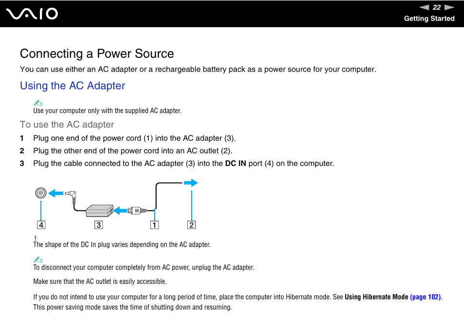 Connecting a power source, Using the ac adapter | Sony VAIO VGN-FZ Series User Manual | Page 22 / 191