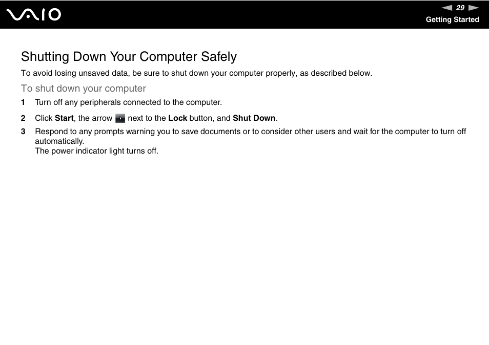 Shutting down your computer safely | Sony VAIO VGN-FZ Series User Manual | Page 29 / 191
