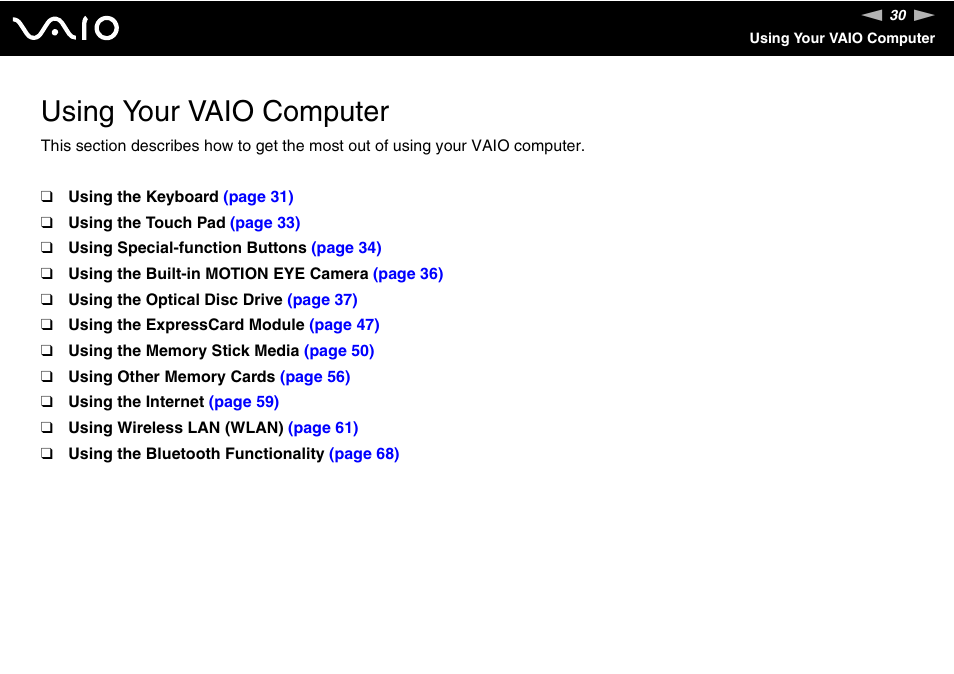 Using your vaio computer | Sony VAIO VGN-FZ Series User Manual | Page 30 / 191