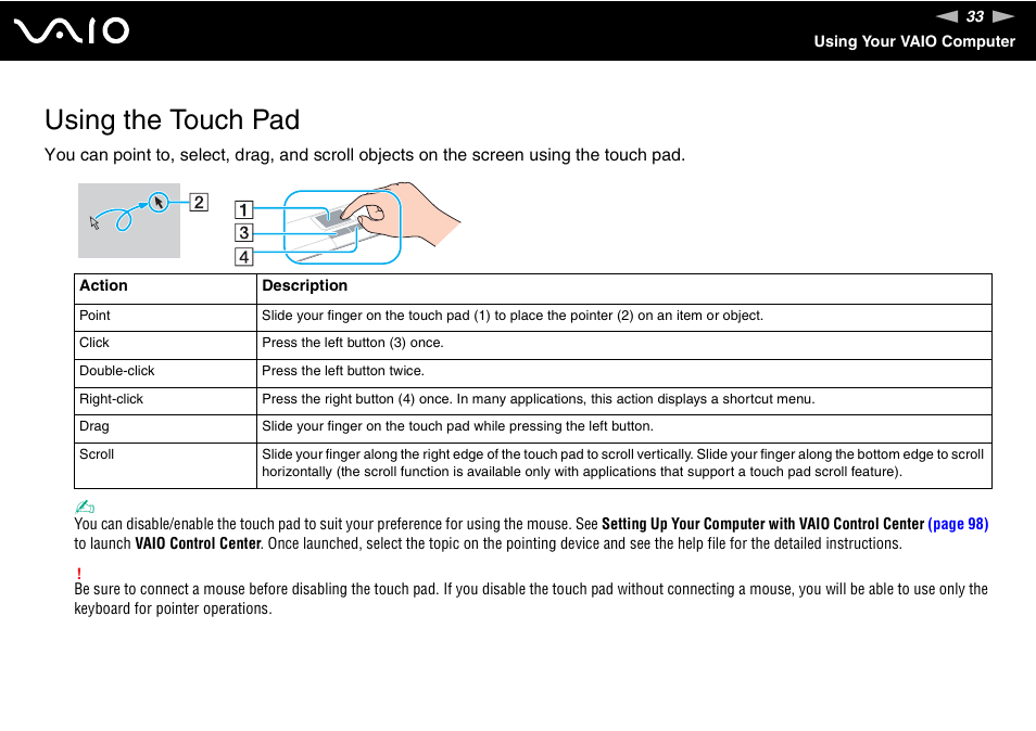 Using the touch pad | Sony VAIO VGN-FZ Series User Manual | Page 33 / 191