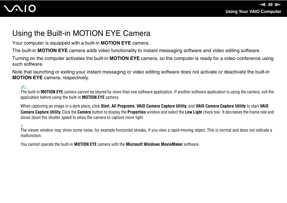 Using the built-in motion eye camera | Sony VAIO VGN-FZ Series User Manual | Page 36 / 191