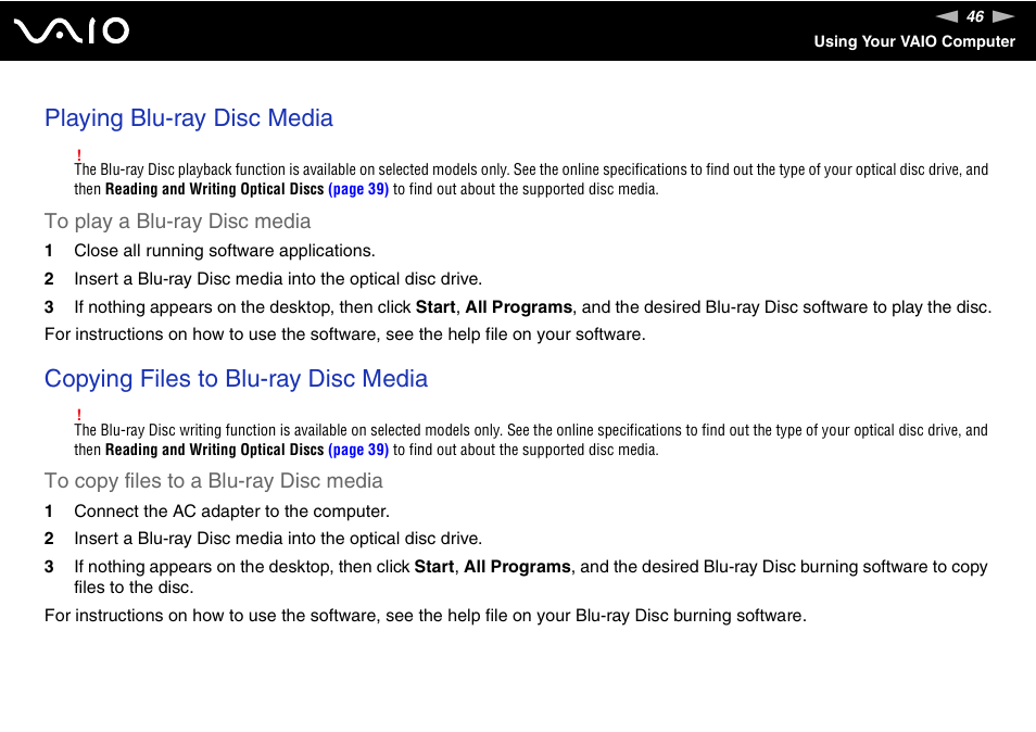 Playing blu-ray disc media, Copying files to blu-ray disc media | Sony VAIO VGN-FZ Series User Manual | Page 46 / 191