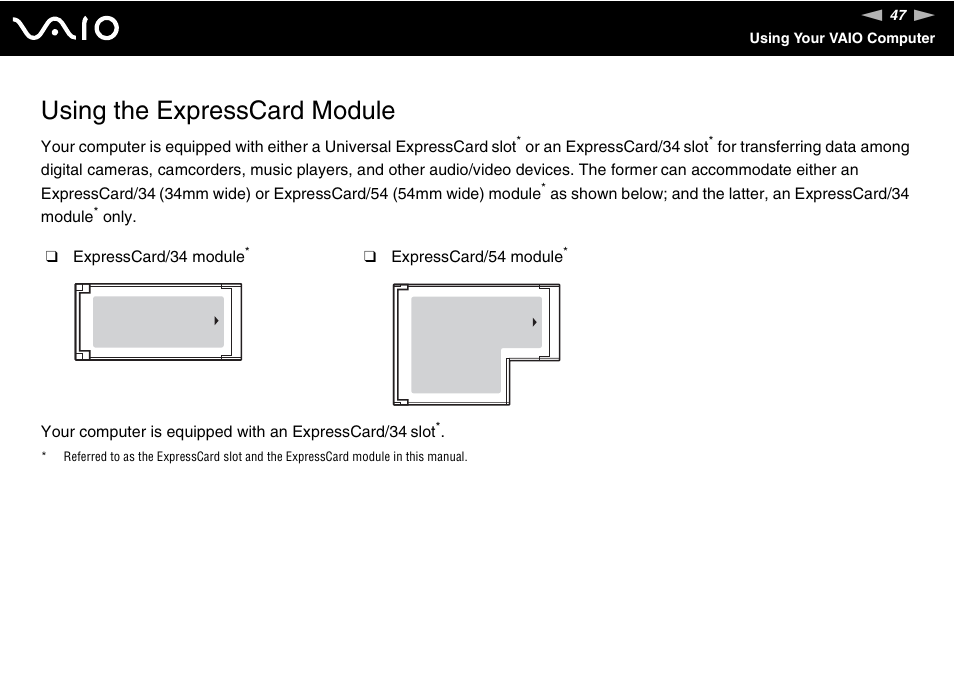 Using the expresscard module | Sony VAIO VGN-FZ Series User Manual | Page 47 / 191