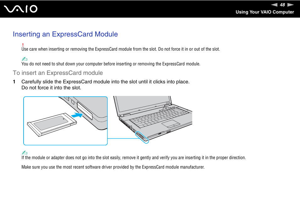 Inserting an expresscard module | Sony VAIO VGN-FZ Series User Manual | Page 48 / 191