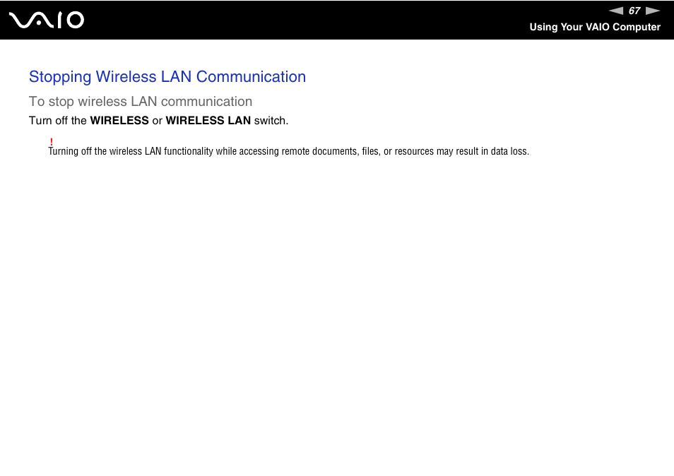 Stopping wireless lan communication | Sony VAIO VGN-FZ Series User Manual | Page 67 / 191