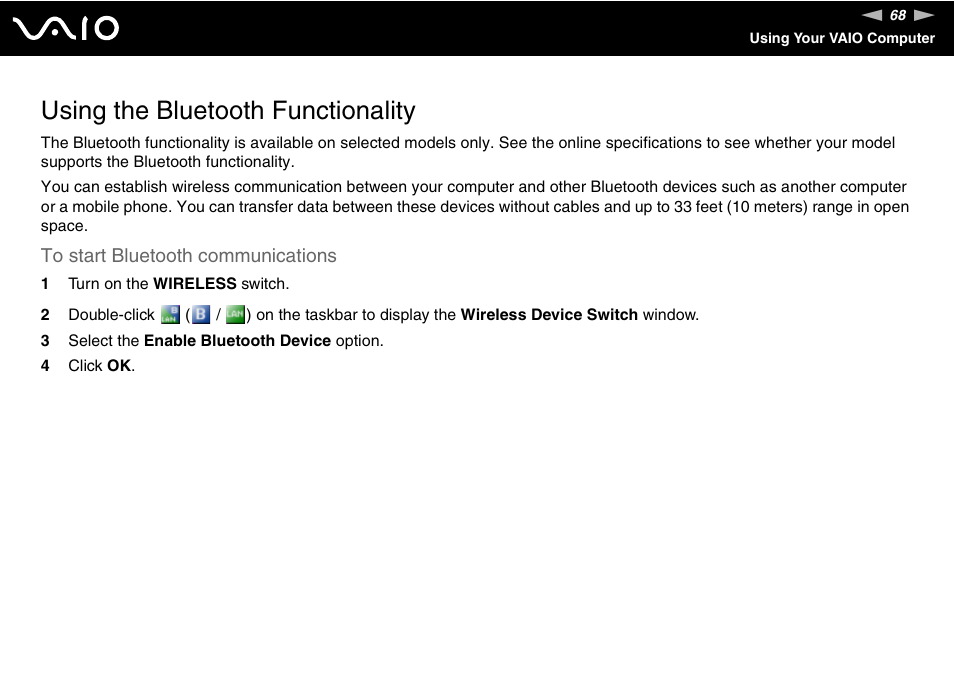 Using the bluetooth functionality | Sony VAIO VGN-FZ Series User Manual | Page 68 / 191