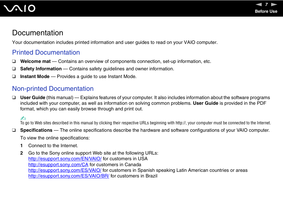 Documentation, Printed documentation, Non-printed documentation | Sony VAIO VGN-FZ Series User Manual | Page 7 / 191