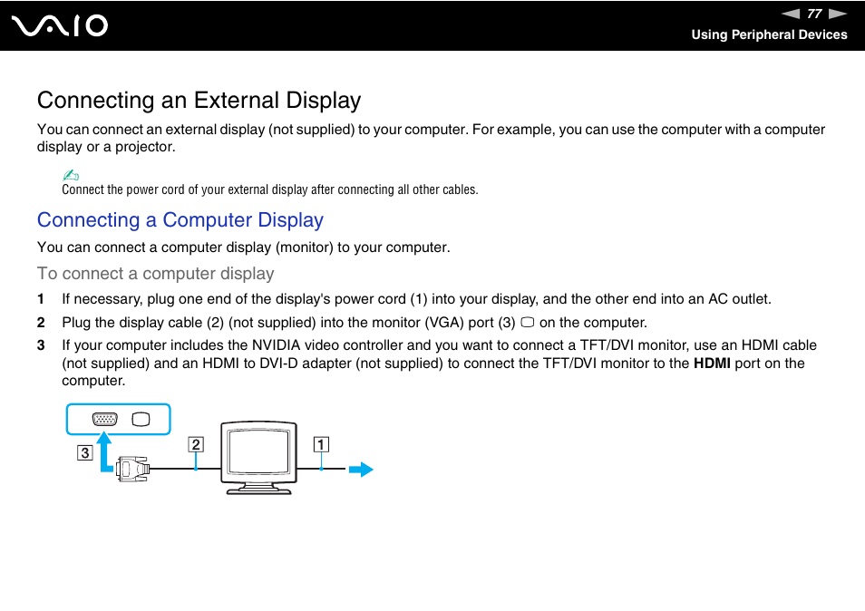 Connecting an external display, Connecting a computer display | Sony VAIO VGN-FZ Series User Manual | Page 77 / 191