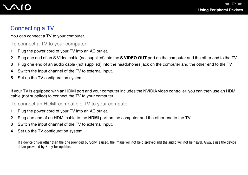 Connecting a tv | Sony VAIO VGN-FZ Series User Manual | Page 79 / 191