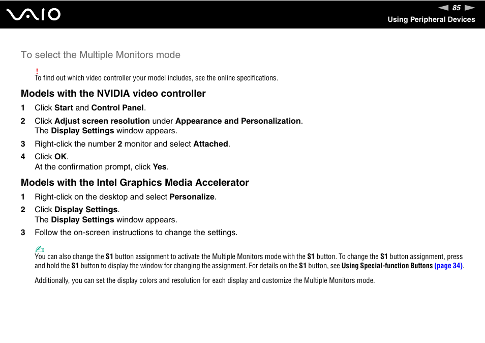 Models with the nvidia video controller, Models with the intel graphics media accelerator | Sony VAIO VGN-FZ Series User Manual | Page 85 / 191