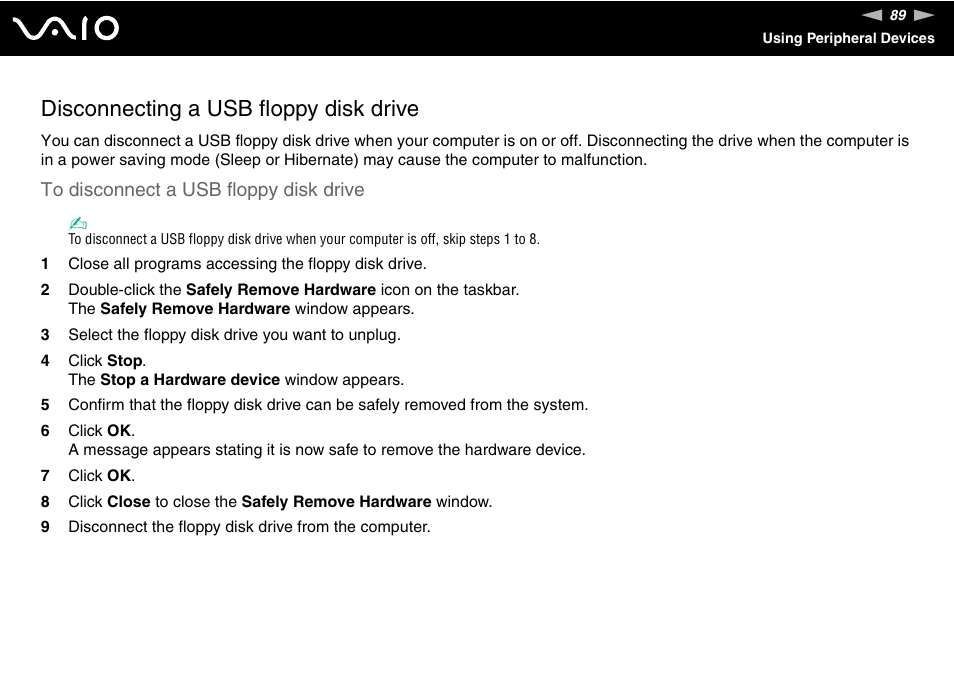 Disconnecting a usb floppy disk drive | Sony VAIO VGN-FZ Series User Manual | Page 89 / 191