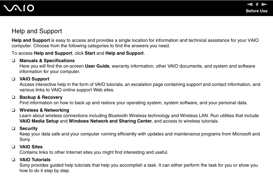 Help and support | Sony VAIO VGN-FZ Series User Manual | Page 9 / 191