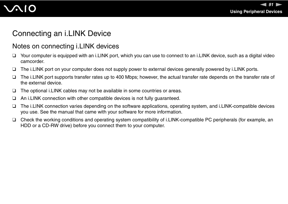 Connecting an i.link device | Sony VAIO VGN-FZ Series User Manual | Page 91 / 191