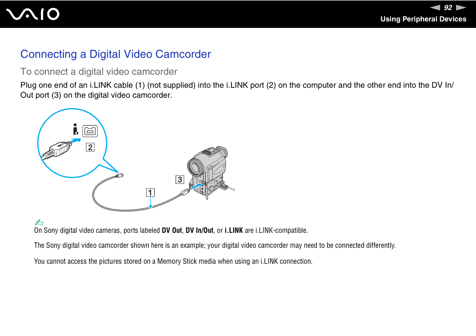 Connecting a digital video camcorder | Sony VAIO VGN-FZ Series User Manual | Page 92 / 191