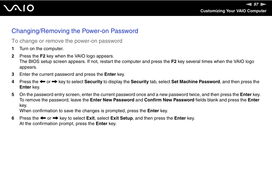 Changing/removing the power-on password | Sony VAIO VGN-FZ Series User Manual | Page 97 / 191
