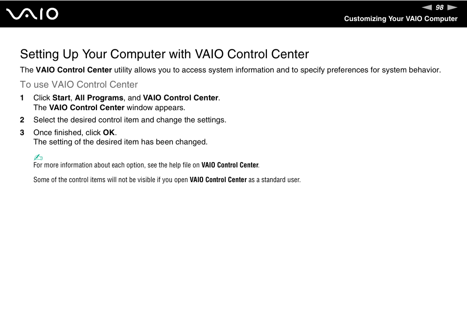Setting up your computer with vaio control center | Sony VAIO VGN-FZ Series User Manual | Page 98 / 191