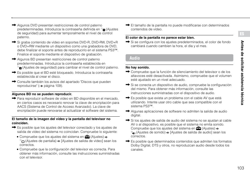 103 es, Audio | Sony 320 GB Playstation 3 CECH-2501B User Manual | Page 103 / 120