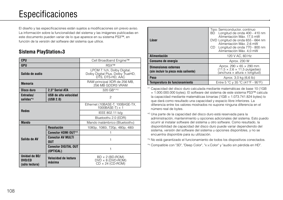 Especificaciones, Sistema playstation | Sony 320 GB Playstation 3 CECH-2501B User Manual | Page 108 / 120