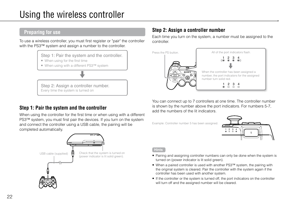 Using the wireless controller, Preparing for use, Step 1: pair the system and the controller | Step 2: assign a controller number | Sony 320 GB Playstation 3 CECH-2501B User Manual | Page 22 / 120