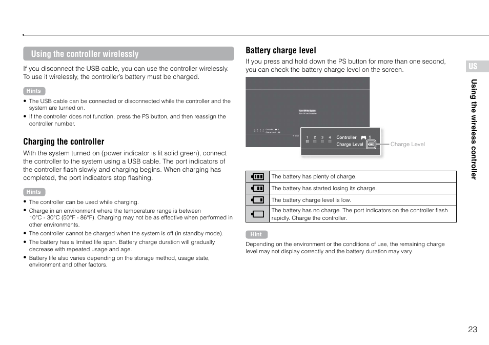 Us using the controller wirelessly, Charging the controller, Battery charge level | Sony 320 GB Playstation 3 CECH-2501B User Manual | Page 23 / 120
