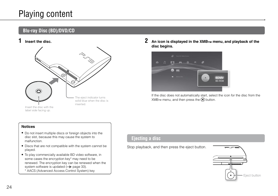 Playing content, Blu-ray disc (bd)/dvd/cd | Sony 320 GB Playstation 3 CECH-2501B User Manual | Page 24 / 120