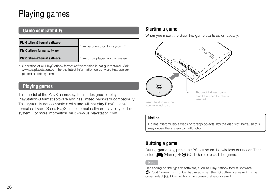 Playing games, Game compatibility, Starting a game | Quitting a game | Sony 320 GB Playstation 3 CECH-2501B User Manual | Page 26 / 120