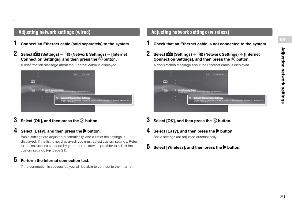 Adjusting network settings (wired), Adjusting network settings (wireless) | Sony 320 GB Playstation 3 CECH-2501B User Manual | Page 29 / 120