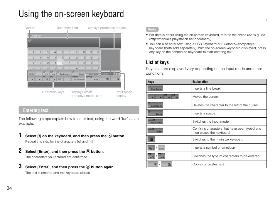 Using the on-screen keyboard, Entering text, List of keys | Sony 320 GB Playstation 3 CECH-2501B User Manual | Page 34 / 120