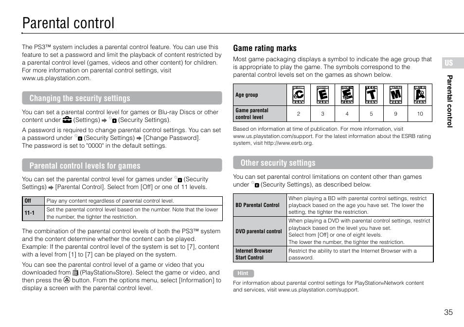 Parental control, 35 us, Changing the security settings | Parental control levels for games, Game rating marks, Other security settings | Sony 320 GB Playstation 3 CECH-2501B User Manual | Page 35 / 120