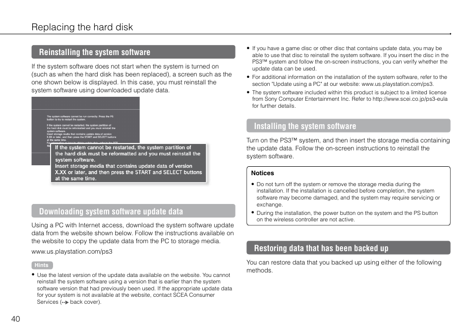Reinstalling the system software, Restoring data that has been backed up, Replacing the hard disk | Downloading system software update data, Installing the system software | Sony 320 GB Playstation 3 CECH-2501B User Manual | Page 40 / 120