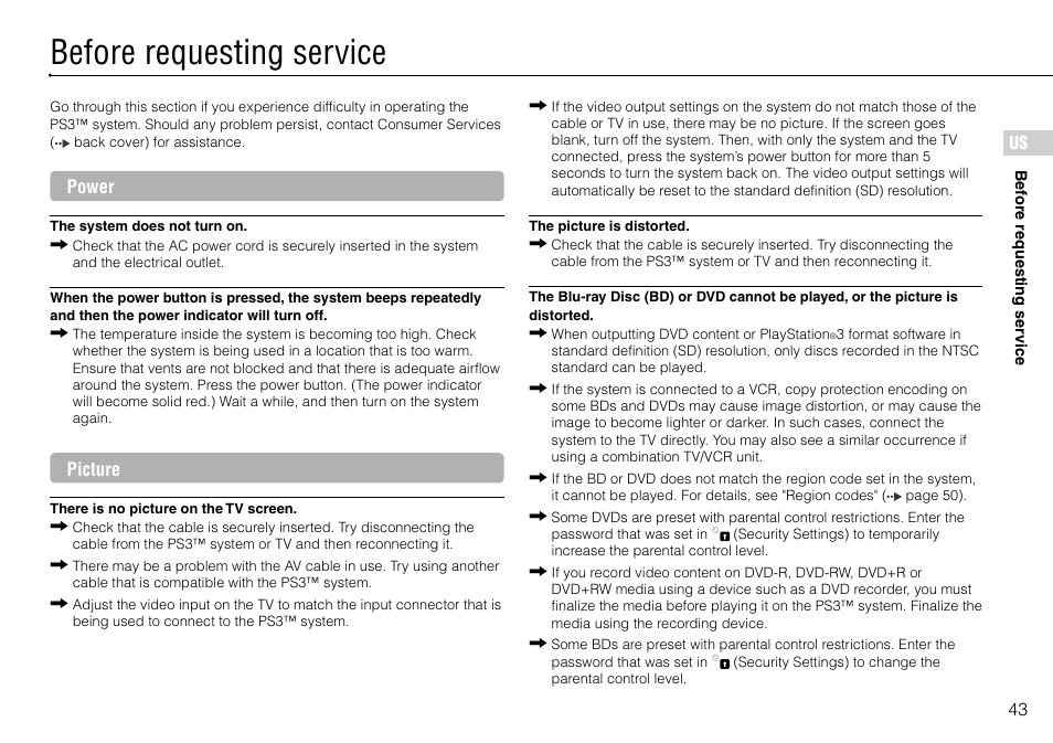 Before requesting service, Power, Picture | Sony 320 GB Playstation 3 CECH-2501B User Manual | Page 43 / 120