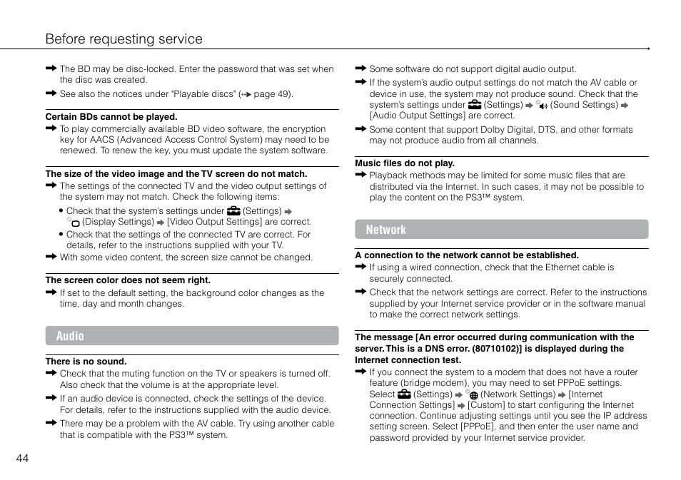 Before requesting service, Audio, Network | Sony 320 GB Playstation 3 CECH-2501B User Manual | Page 44 / 120