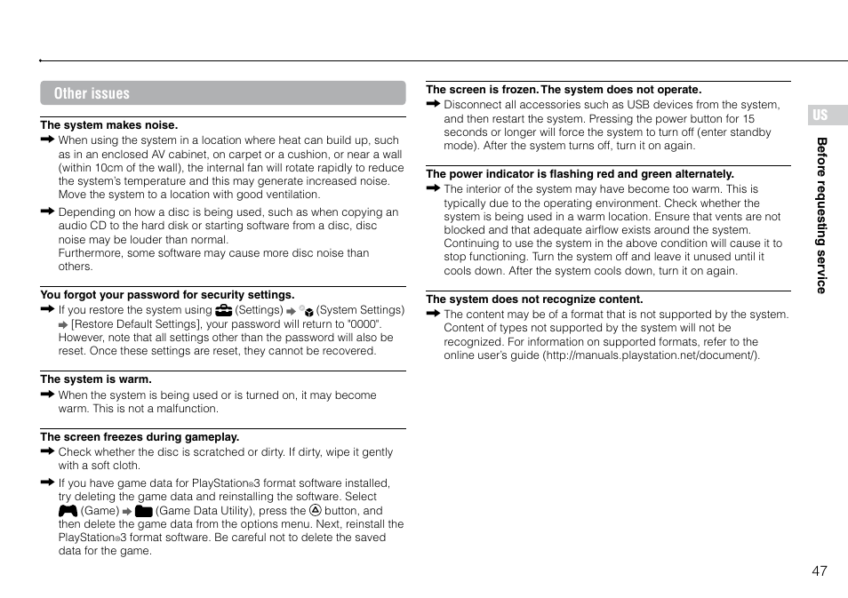 Us other issues | Sony 320 GB Playstation 3 CECH-2501B User Manual | Page 47 / 120