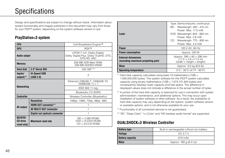 Specifications, Playstation, 3 system | Dualshock, 3 wireless controller | Sony 320 GB Playstation 3 CECH-2501B User Manual | Page 48 / 120