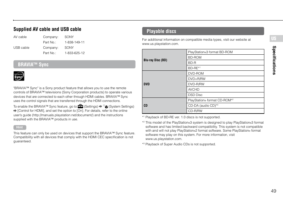 Us supplied av cable and usb cable, Bravia™ sync, Playable discs | Specifications | Sony 320 GB Playstation 3 CECH-2501B User Manual | Page 49 / 120