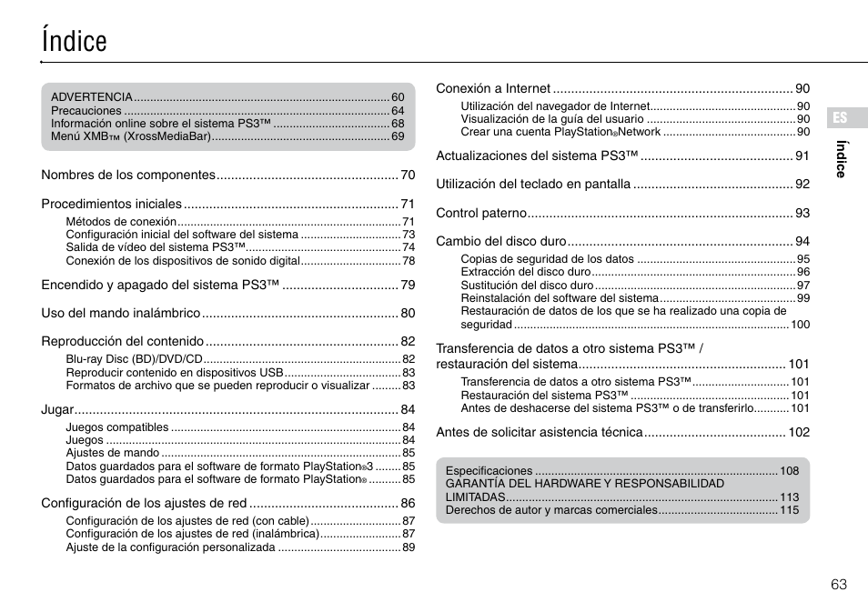 Índice | Sony 320 GB Playstation 3 CECH-2501B User Manual | Page 63 / 120