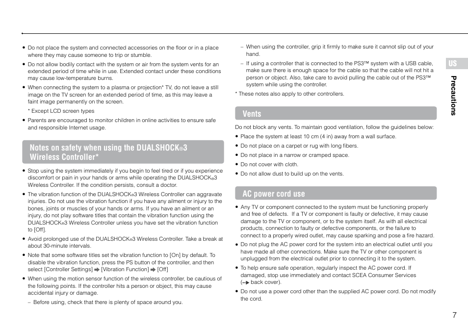 3wireless controller, Vents, Ac power cord use | Sony 320 GB Playstation 3 CECH-2501B User Manual | Page 7 / 120