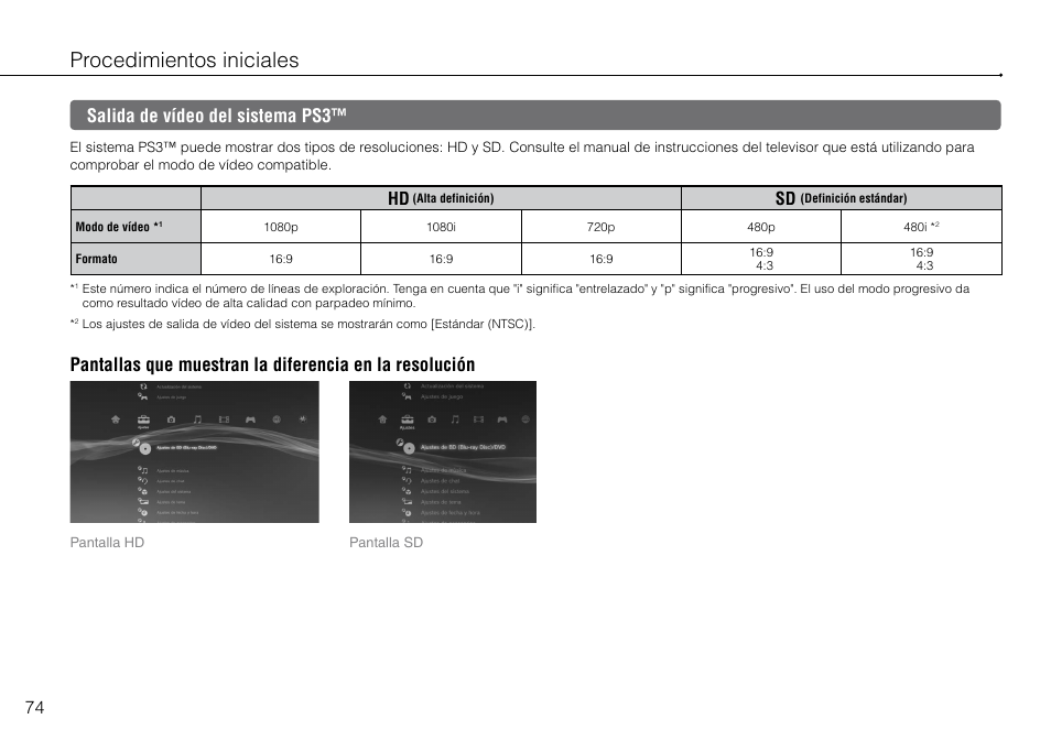 Salida.de.vídeo.del.sistema.ps3, Procedimientos iniciales, Salida de vídeo del sistema ps3 | Sony 320 GB Playstation 3 CECH-2501B User Manual | Page 74 / 120