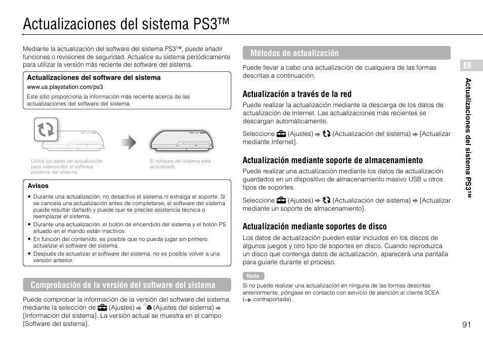 Actualizaciones.del.sistema.ps3, Actualizaciones del sistema ps3, 91 es | Métodos de actualización, Actualización a través de la red, Actualización mediante soporte de almacenamiento, Actualización mediante soportes de disco | Sony 320 GB Playstation 3 CECH-2501B User Manual | Page 91 / 120