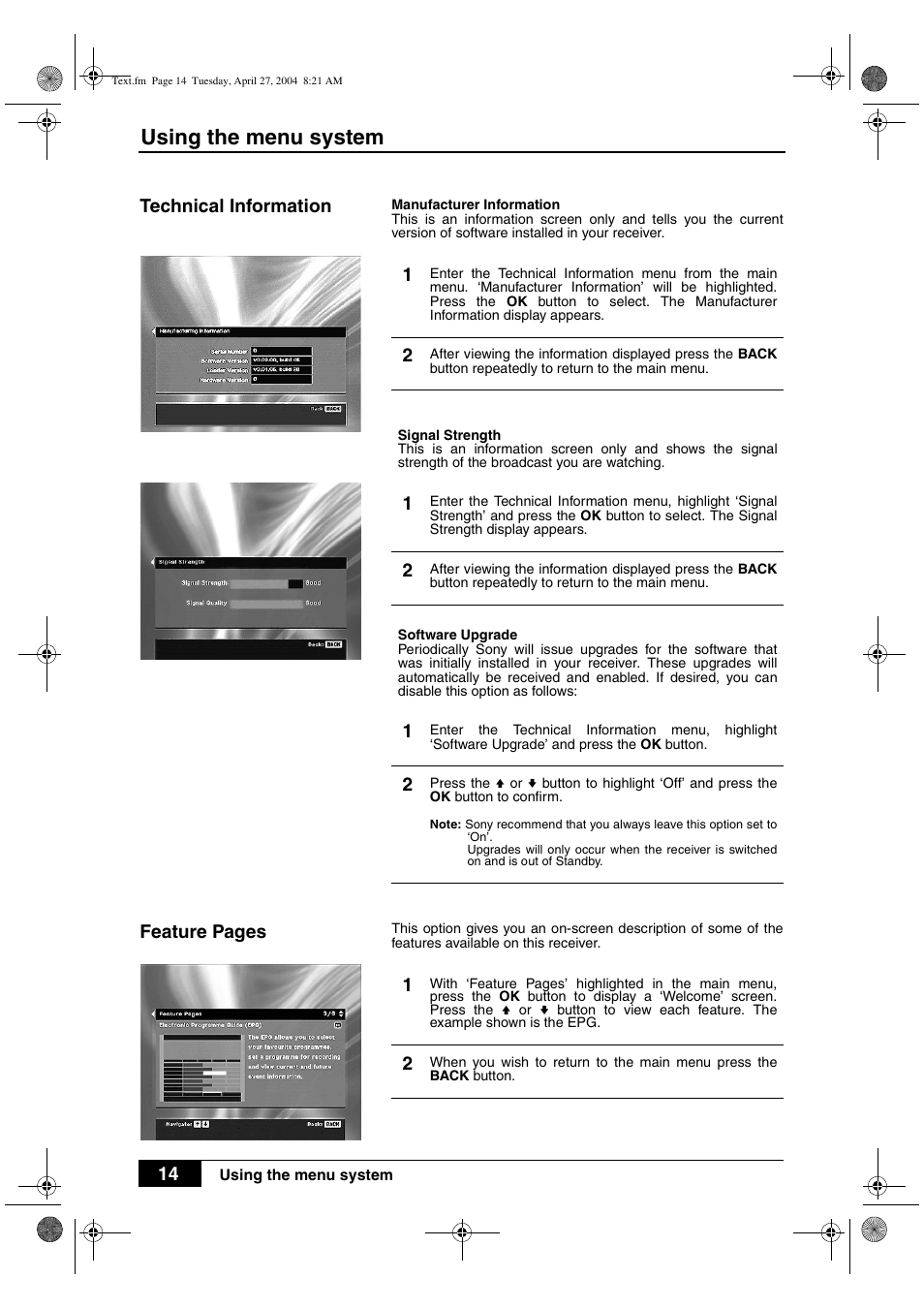 Using the menu system | Sony VTX-D800U User Manual | Page 16 / 28